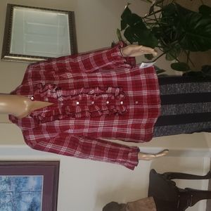 NWT Live a Little xl checkered plaid button up ruffle frills center & sleeves
